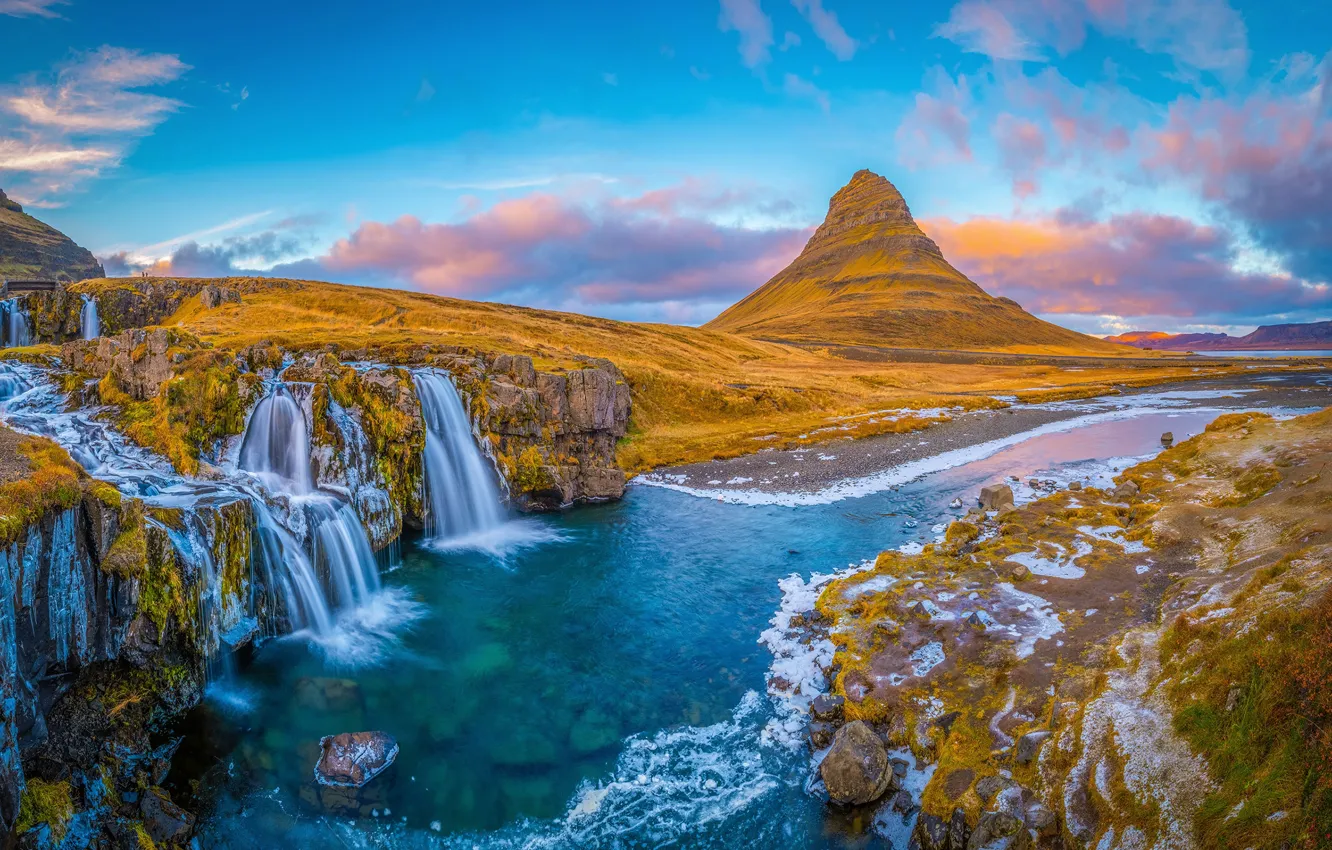 Фото обои небо, горы, природа, река, водопады, Исландия, Iceland, Kirkjufell