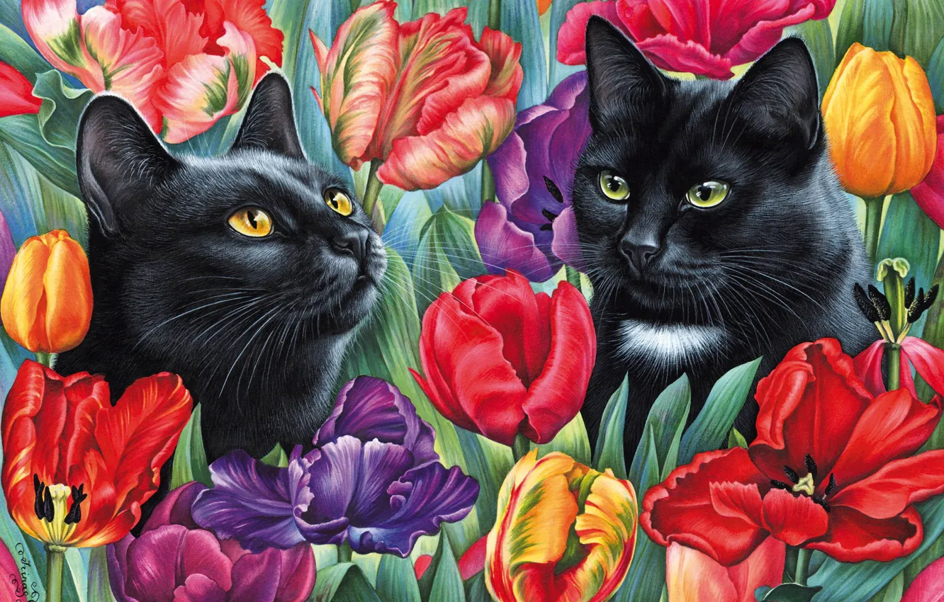 Фото обои цветы, картина, тюльпаны, живопись, Ирина Гармашова, Кошки среди тюльпанов, черные кошки, две мордашки