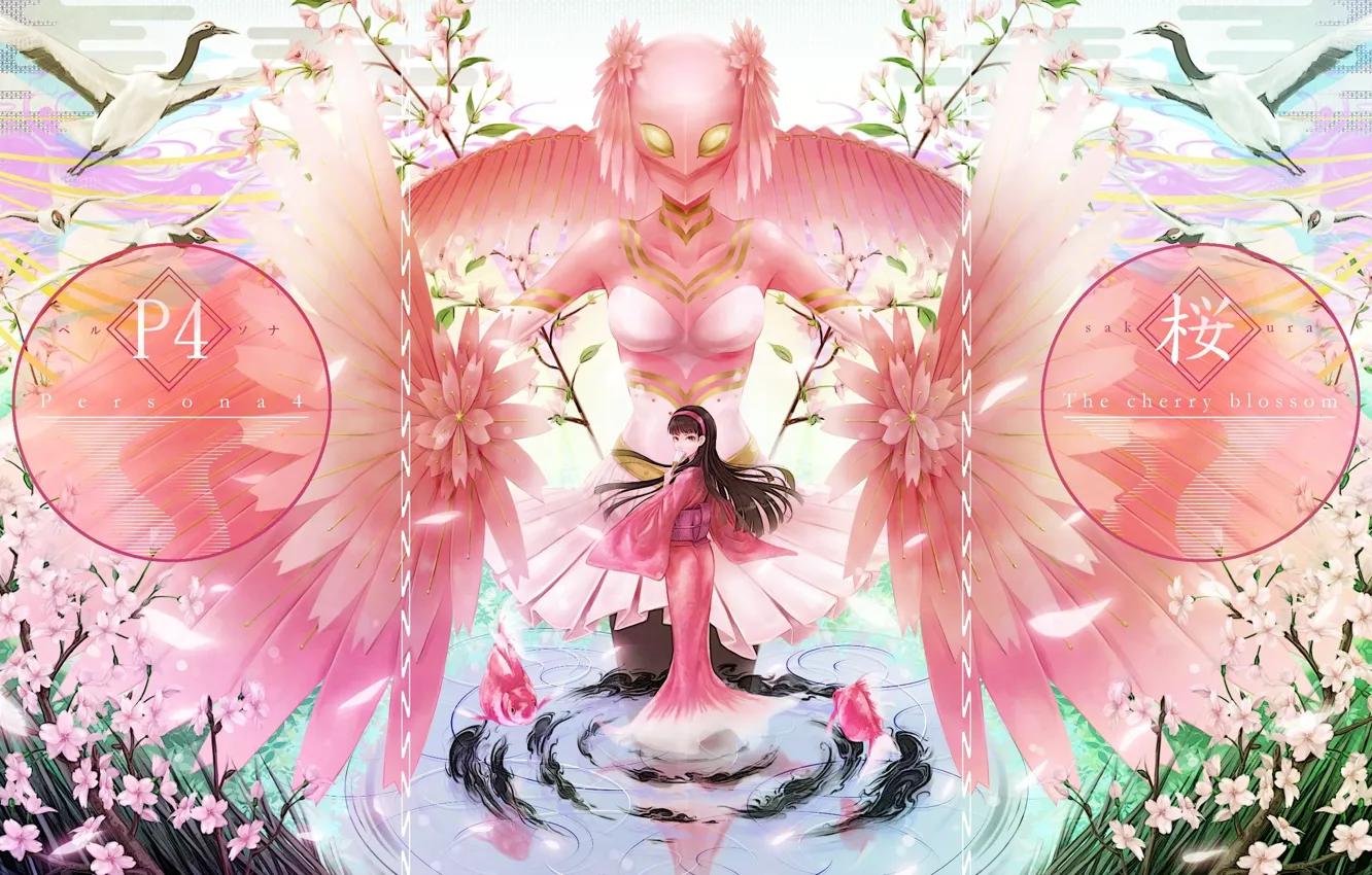 Фото обои девушка, игра, аниме, арт, розовый цвет, Persona 4, персона