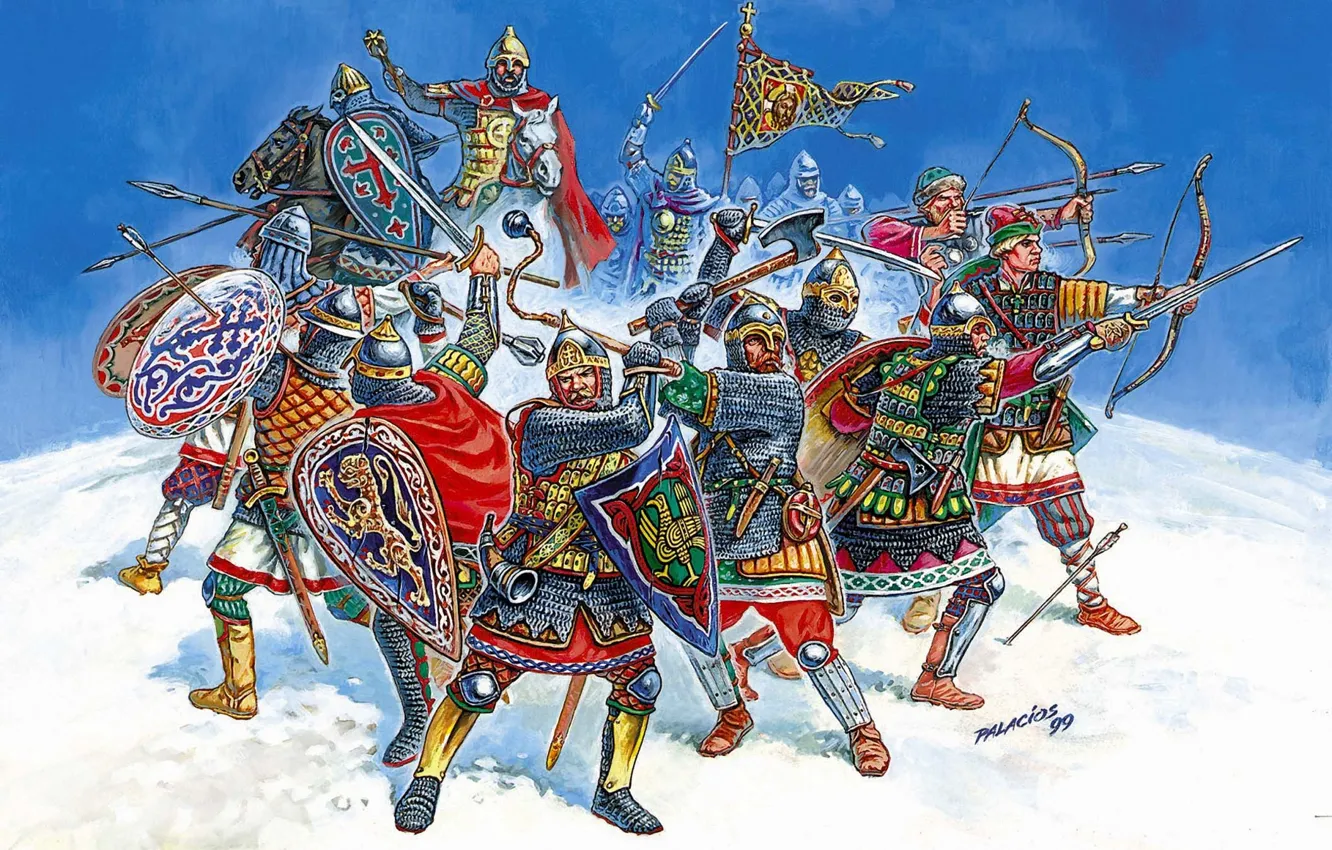 Фото обои арт, войн, Русские, XIII-XIV вв, эпоху, борьбы, дружинники, татаро