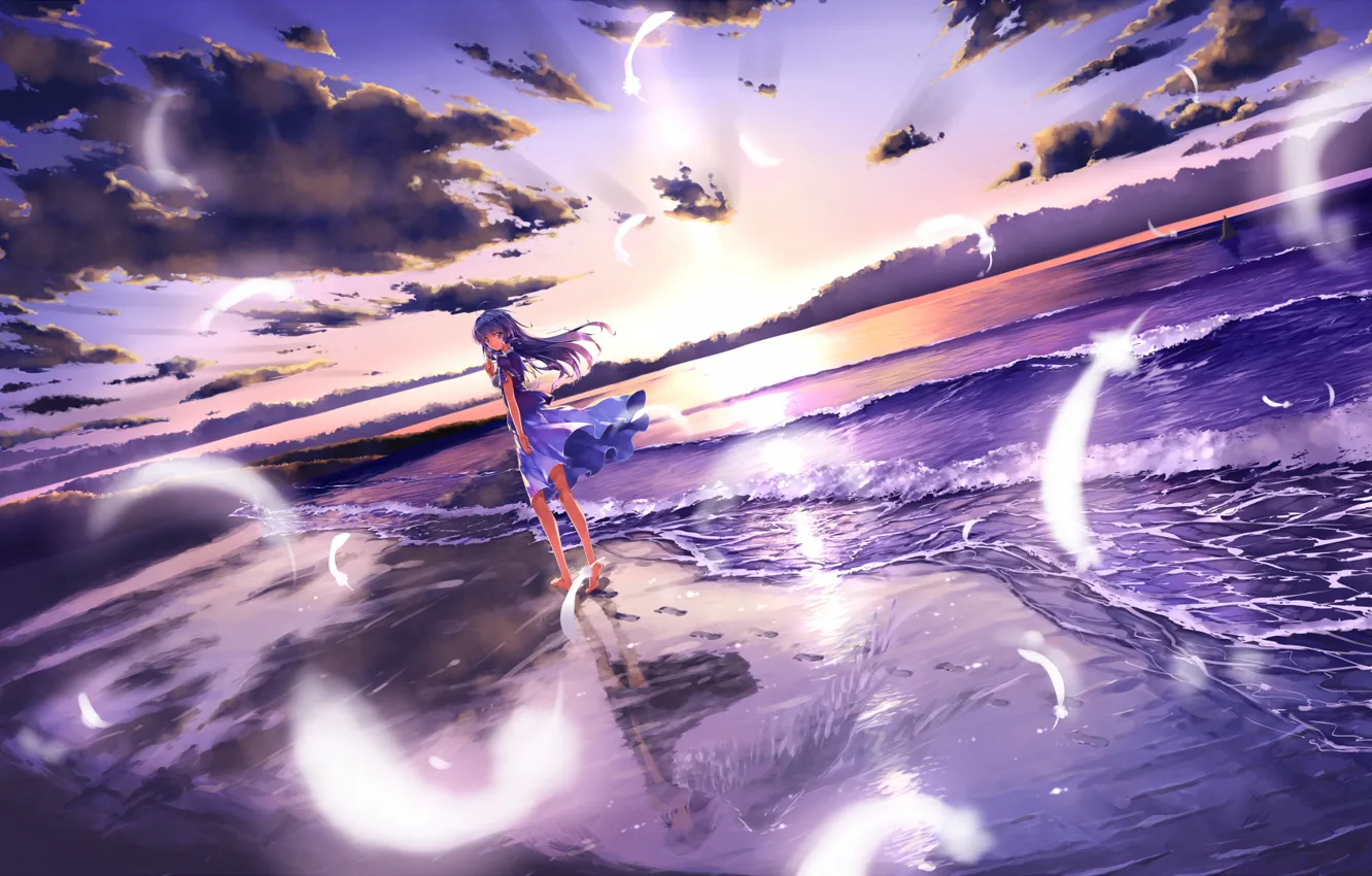 Фото обои море, пляж, девушка, закат, отражение, крылья, ангел, перья