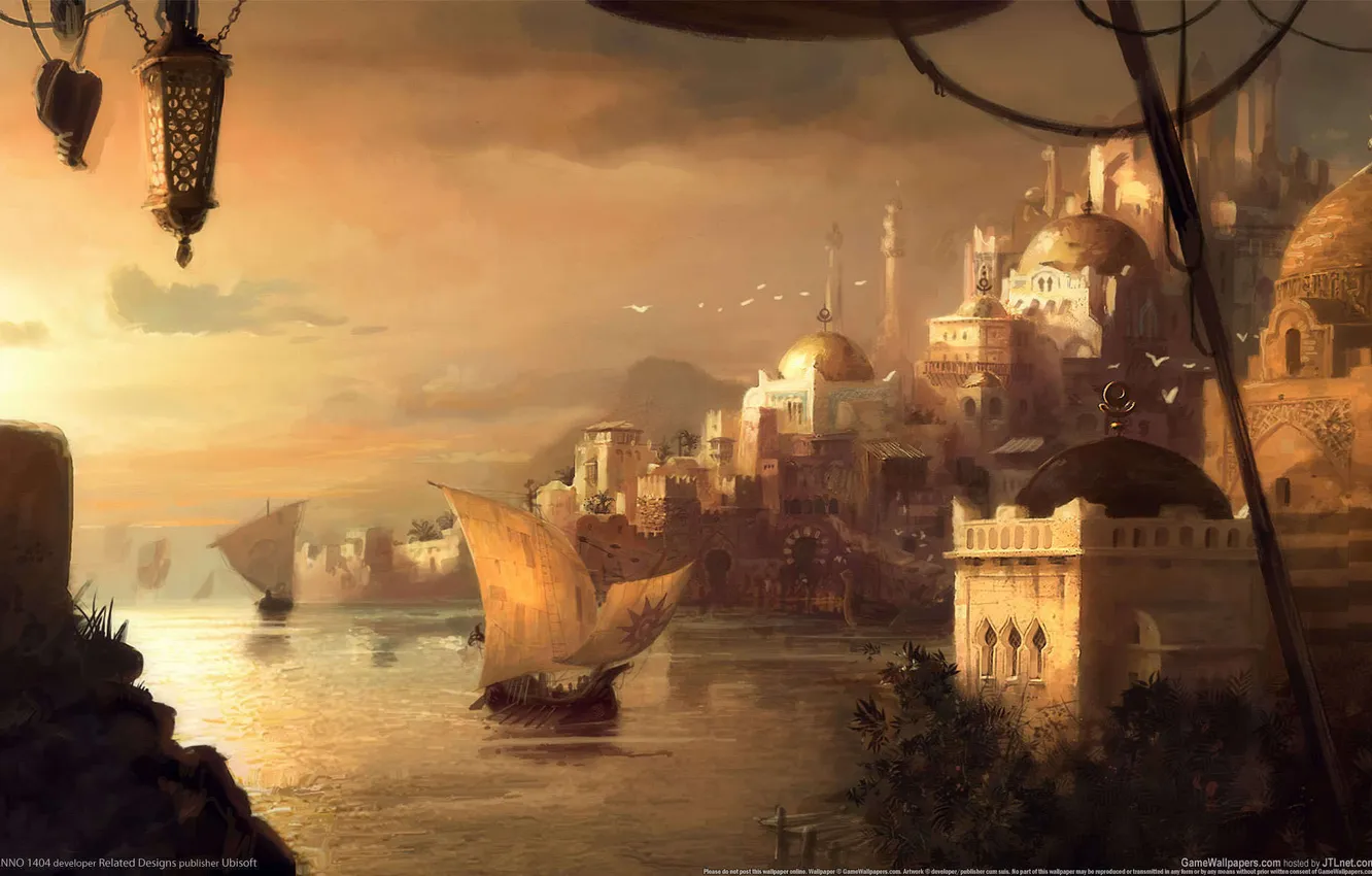 Фото обои пейзаж, город, арт, Anno 1404, мечети, драккар