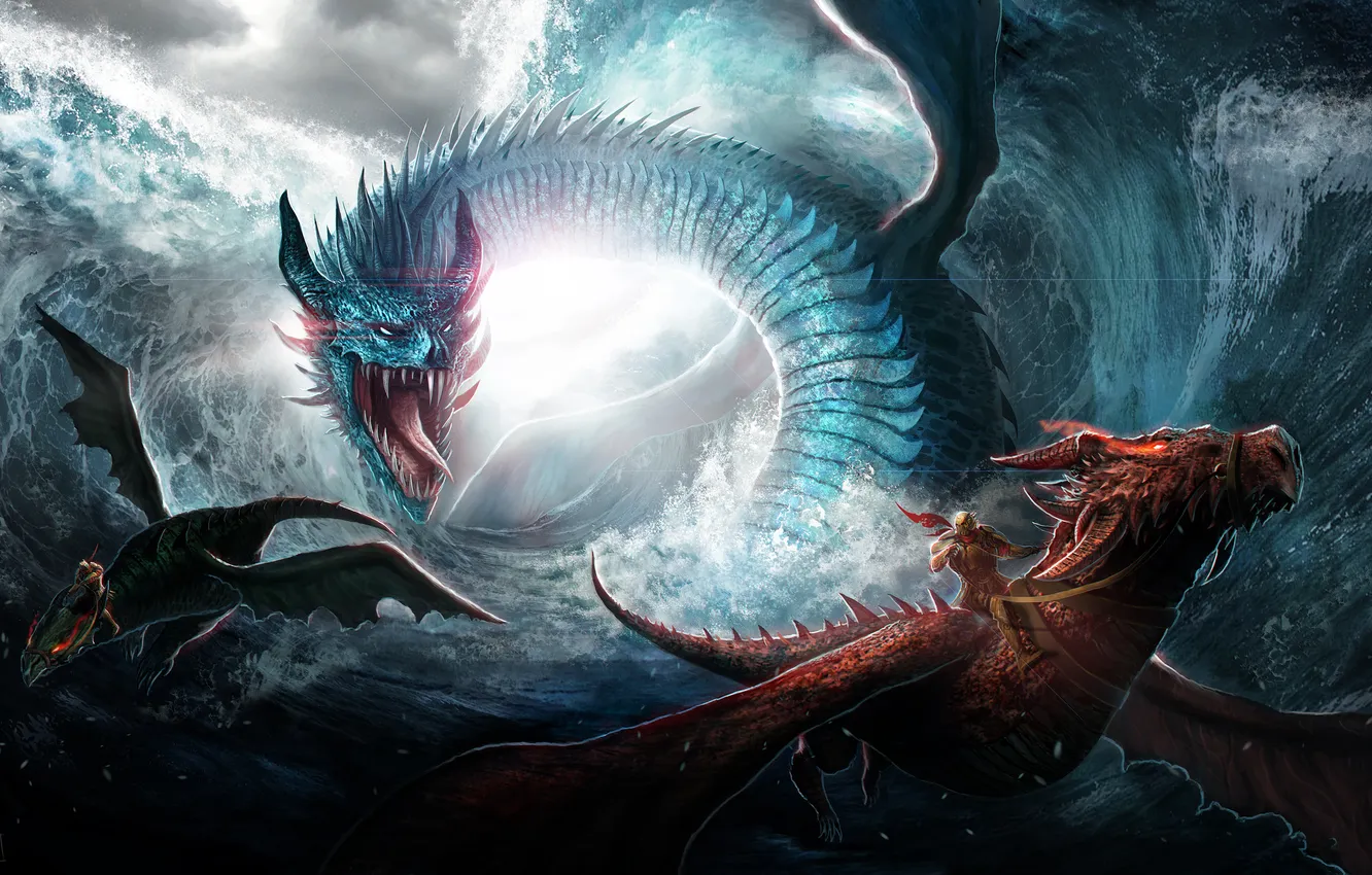 Фото обои море, волны, шторм, драконы, войны, арт, всадник, гигантские