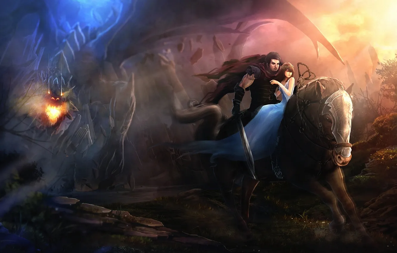 Фото обои девушка, конь, дракон, арт, всадник, парень, побег