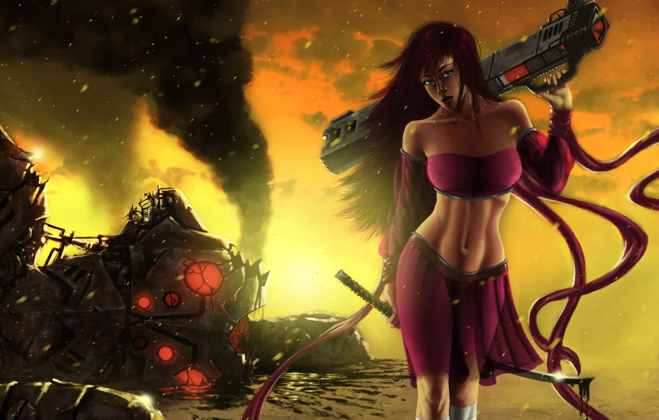 Фото обои девушка, оружие, фантастика, робот, меч, катана, платье, арт