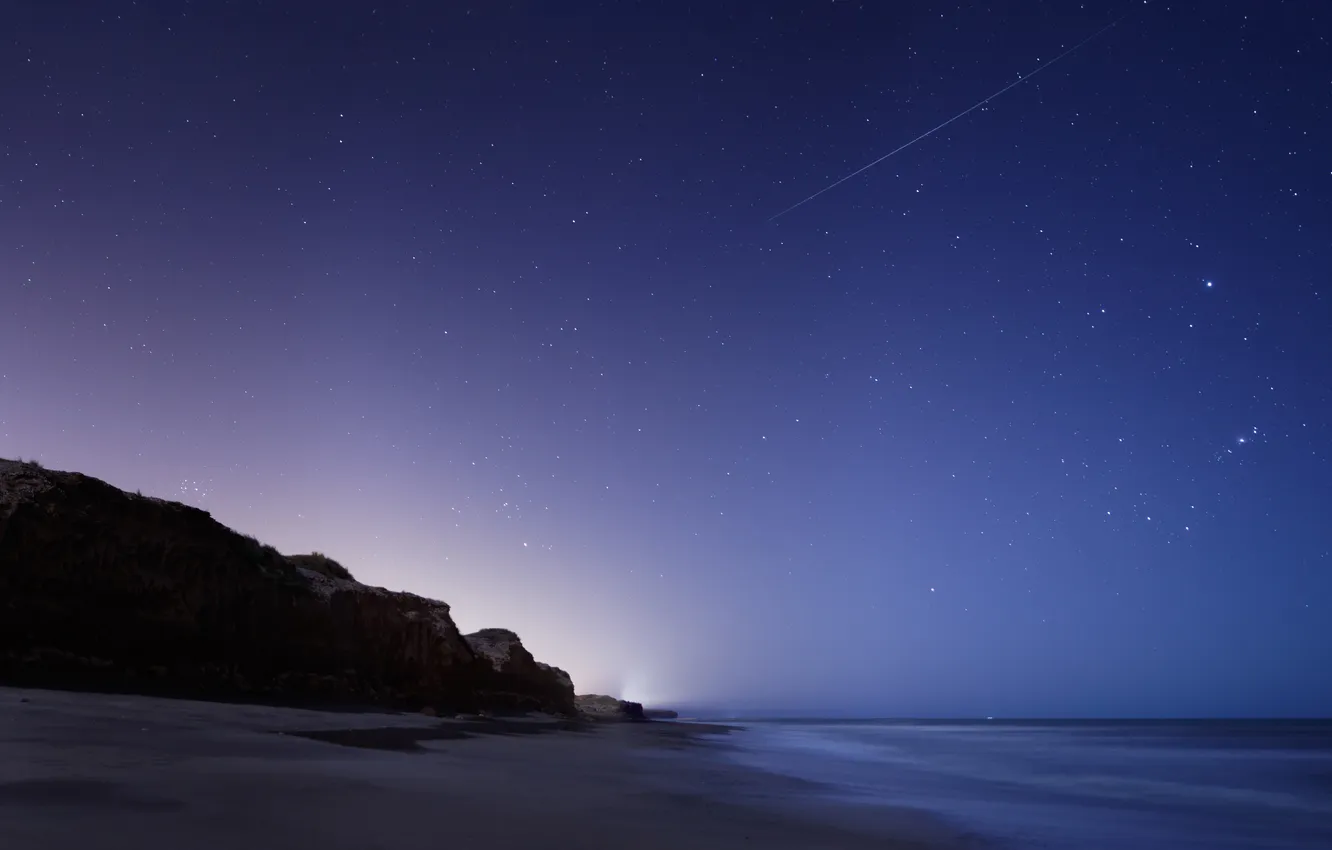 Фото обои звезды, океан, скалы, метеор, Орион