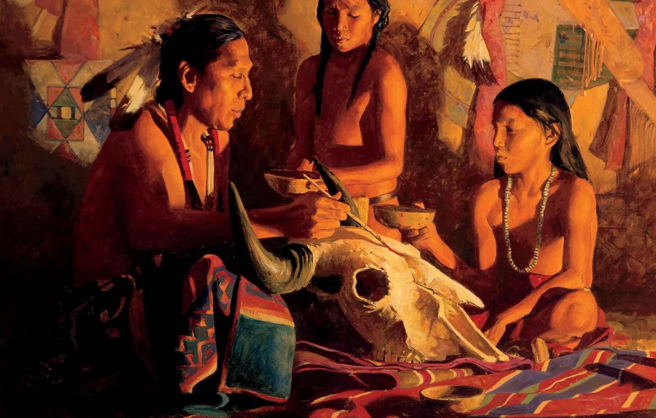 Фото обои череп, арт, индеец, шаман, David Mann, Buffalo Shaman