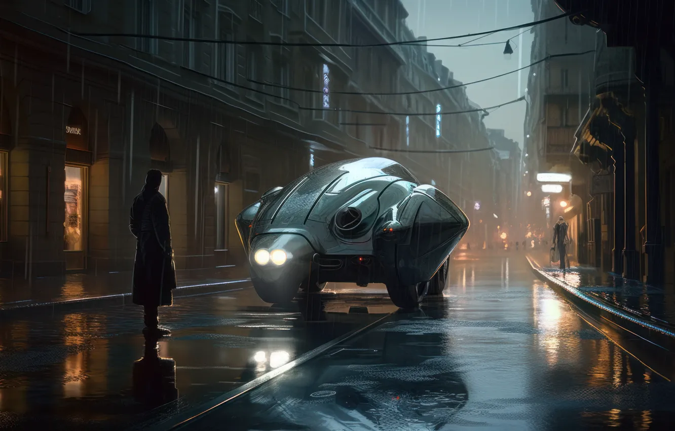 Фото обои машина, город, люди, фантастика, science fiction, транспортное средство, AI art, Искусство ИИ