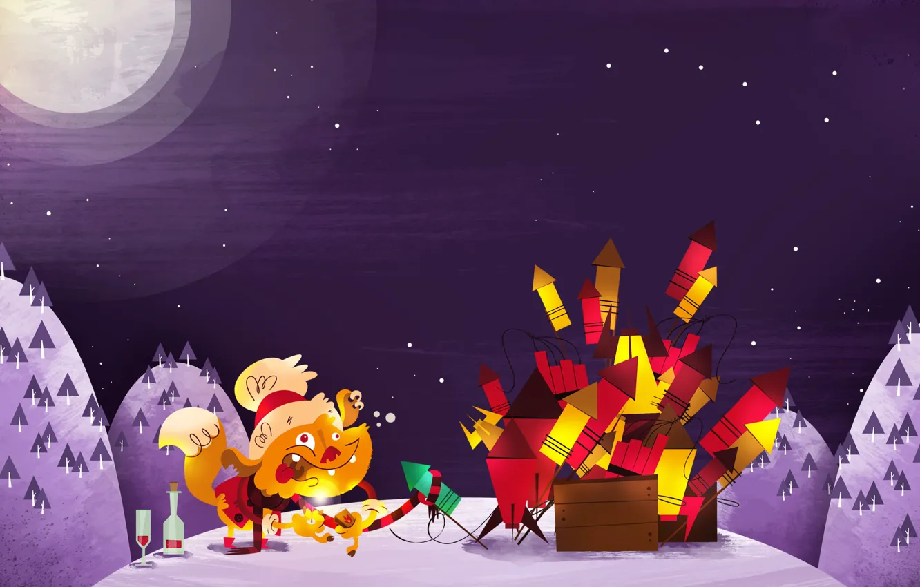 Фото обои Новый Год, ракеты, Рождество, лиса, пьяная, фейерверк, Christmas, New Year