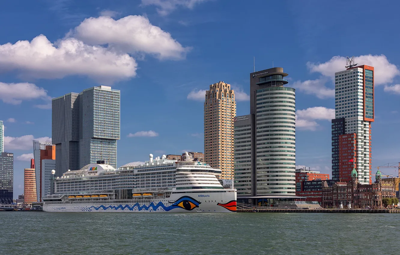 Фото обои корабль, дома, Нидерланды, лайнер, Роттердам