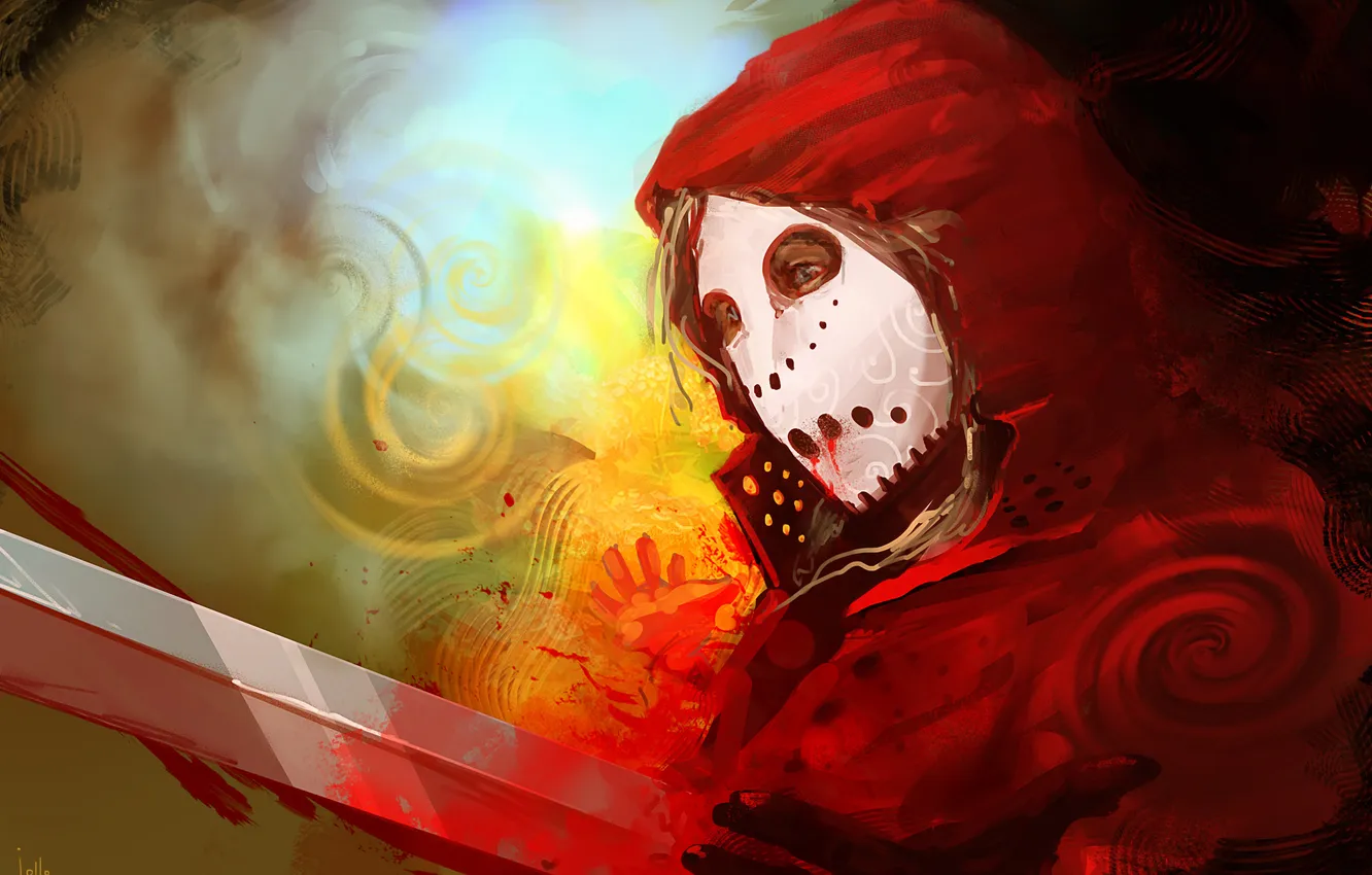 Фото обои кровь, меч, воин, маска, арт