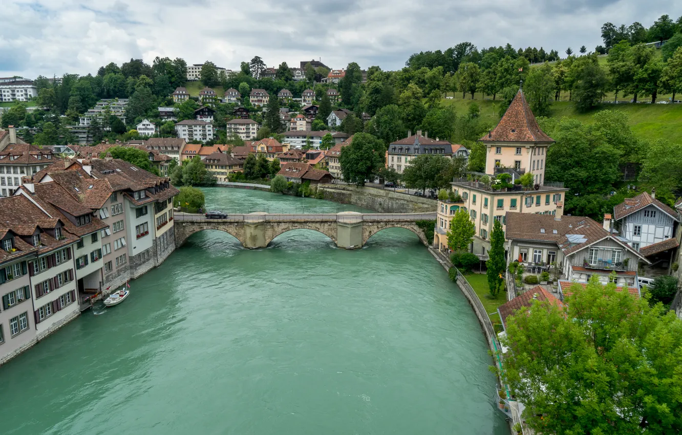 Фото обои мост, река, здания, Швейцария, Switzerland, Берн, Bern, река Аре