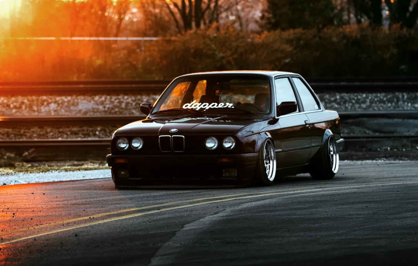 Фото обои BMW, Car, Front, Black, Sun, E30, Stance, Dapper