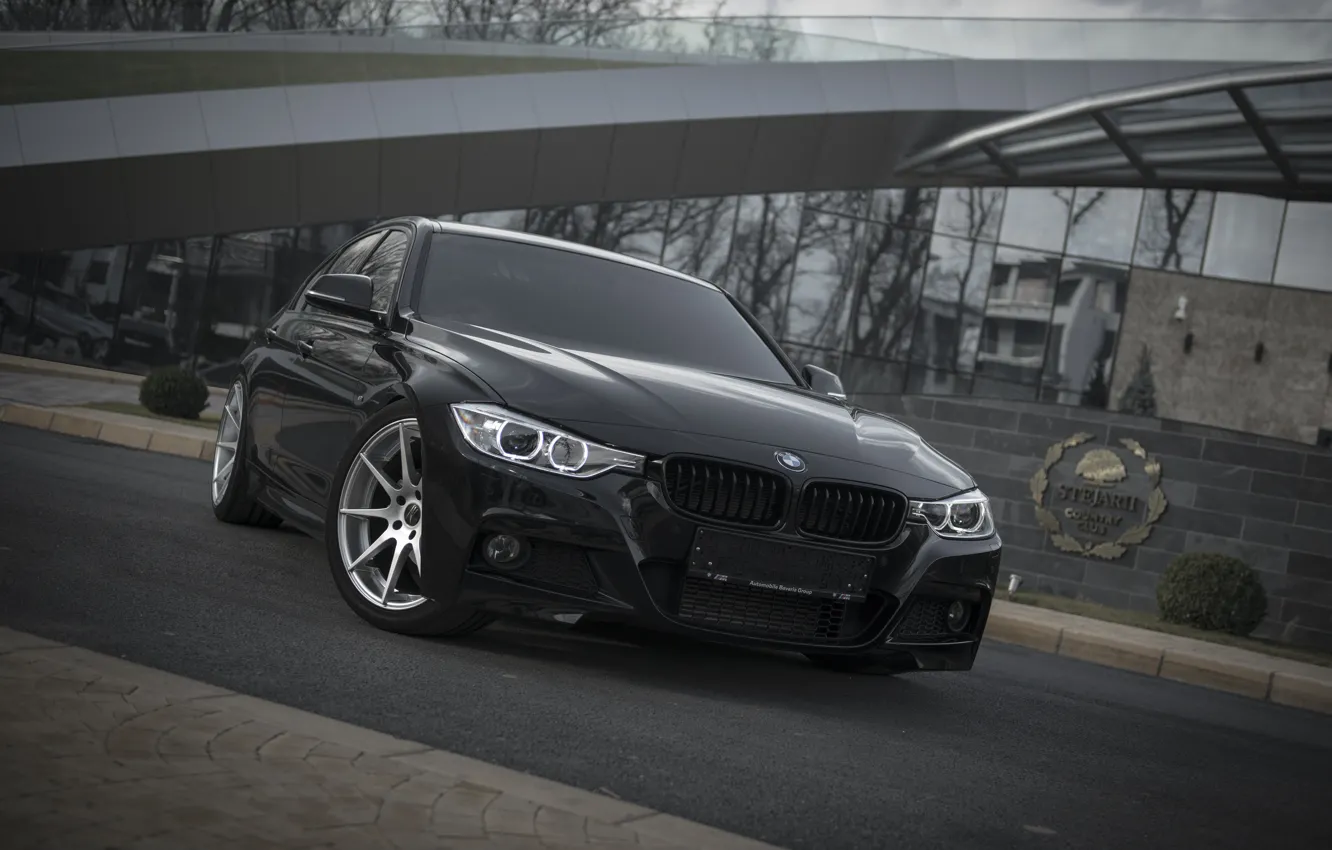 Фото обои BMW, Черная, БМВ, Фары, Tuning, F30, Спереди