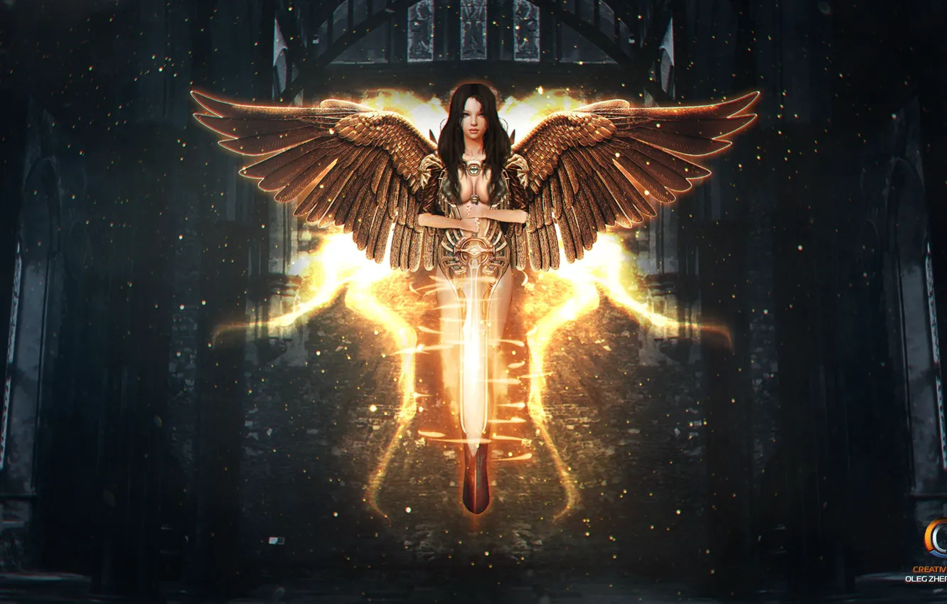 Фото обои девушка, фентези, оружие, крылья, ангел, меч, брюнетка, CGOz