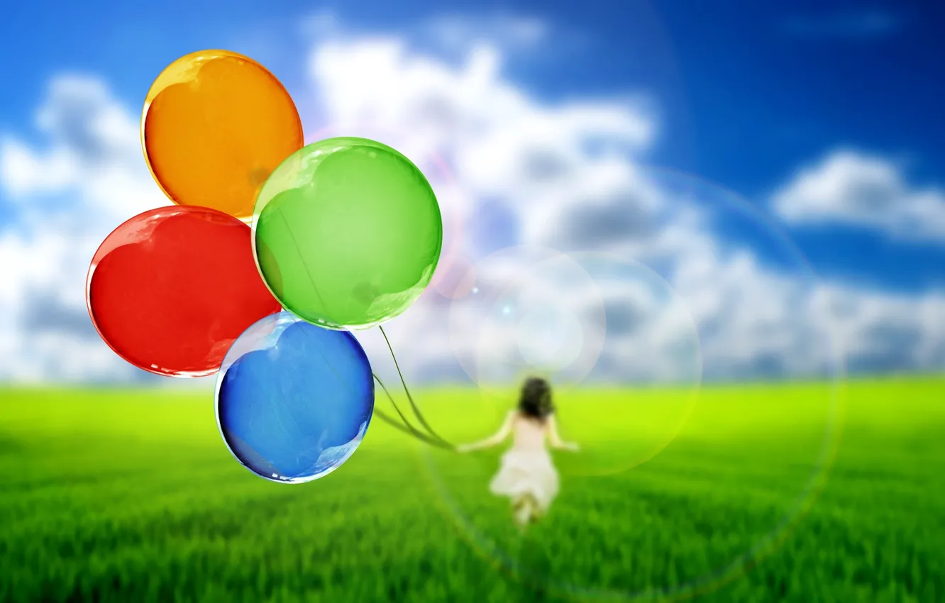Фото обои зелень, небо, трава, девушка, шарики, природа, воздушные шары, фон