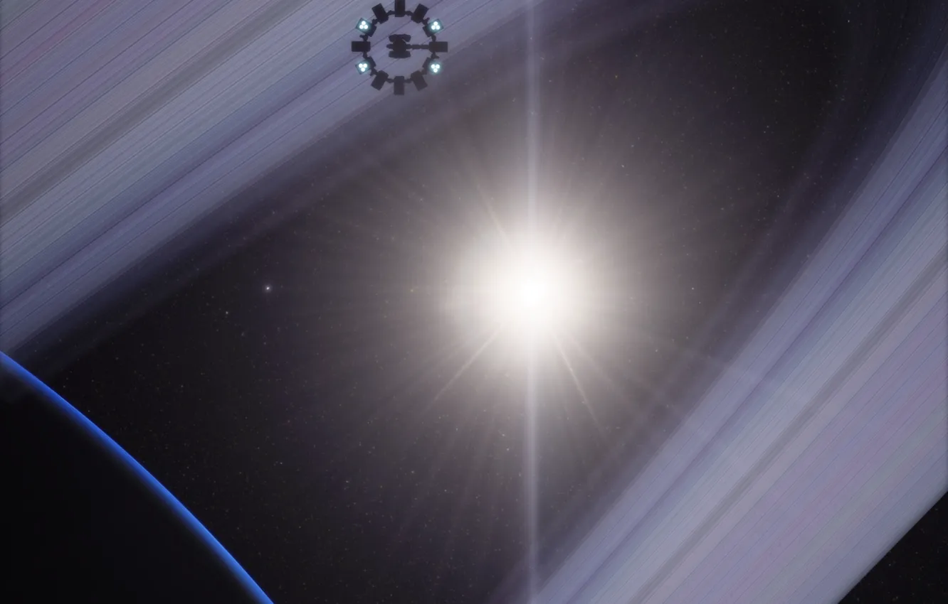 Фото обои космос, огни, звезда, планета, кольца, станция, полёт, Nextdoor