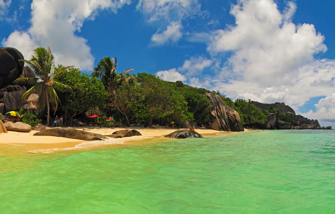 Фото обои пляж, тропики, камни, пальмы, скалы, побережье, остров, Сейшелы