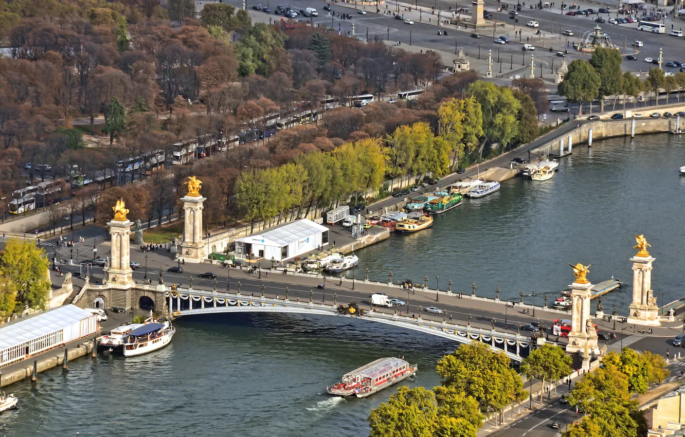 Фото обои мост, река, рендеринг, Франция, Париж, Сена, панорама