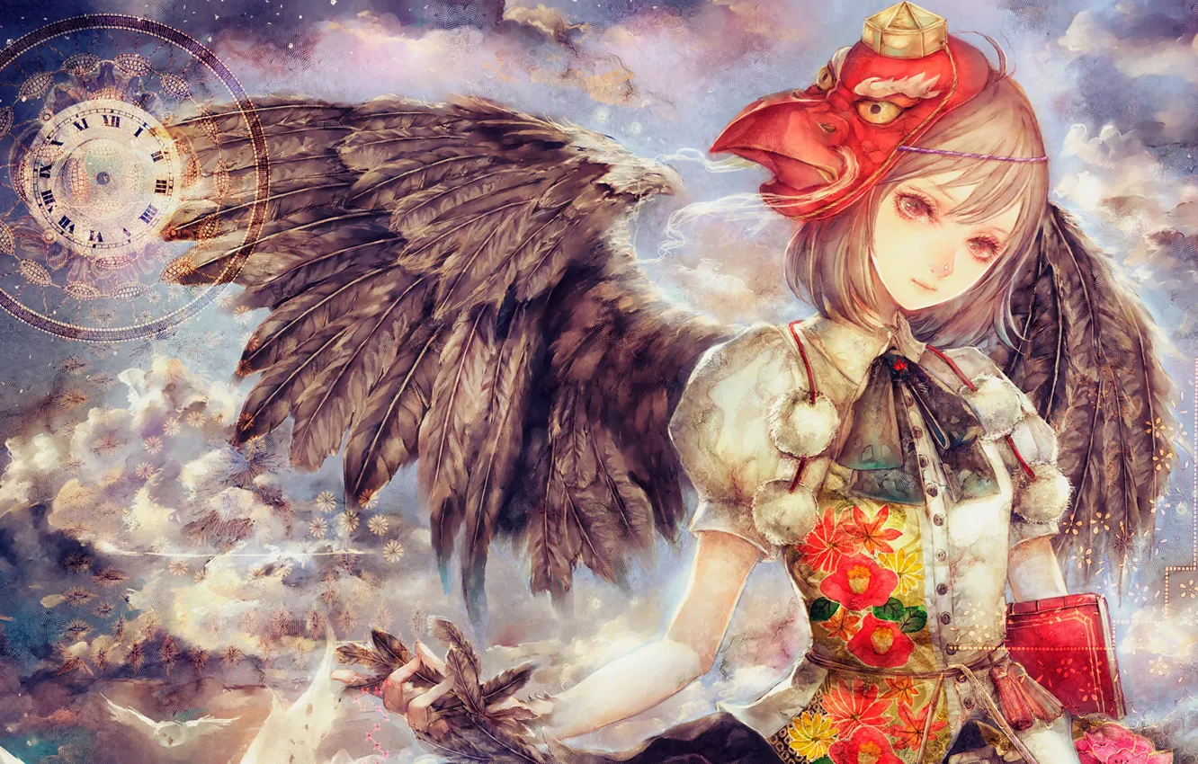 Фото обои перья, маска, книга, Aya Shameimaru, черные крылья, облачное небо, Touhou Project, тенгу