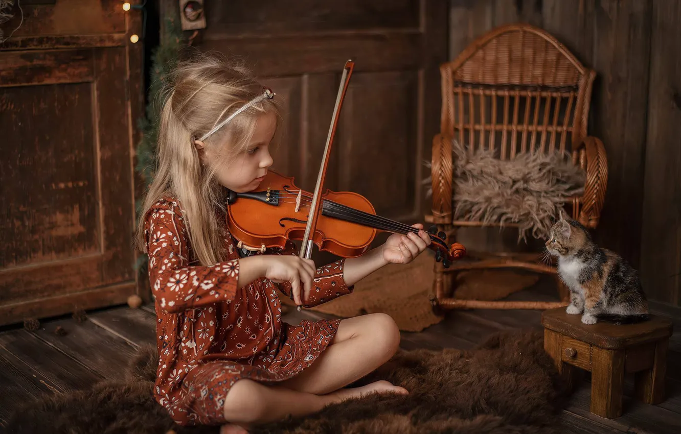 Фото обои музыка, настроение, скрипка, малыш, девочка, котёнок, табурет, кресло-качалка
