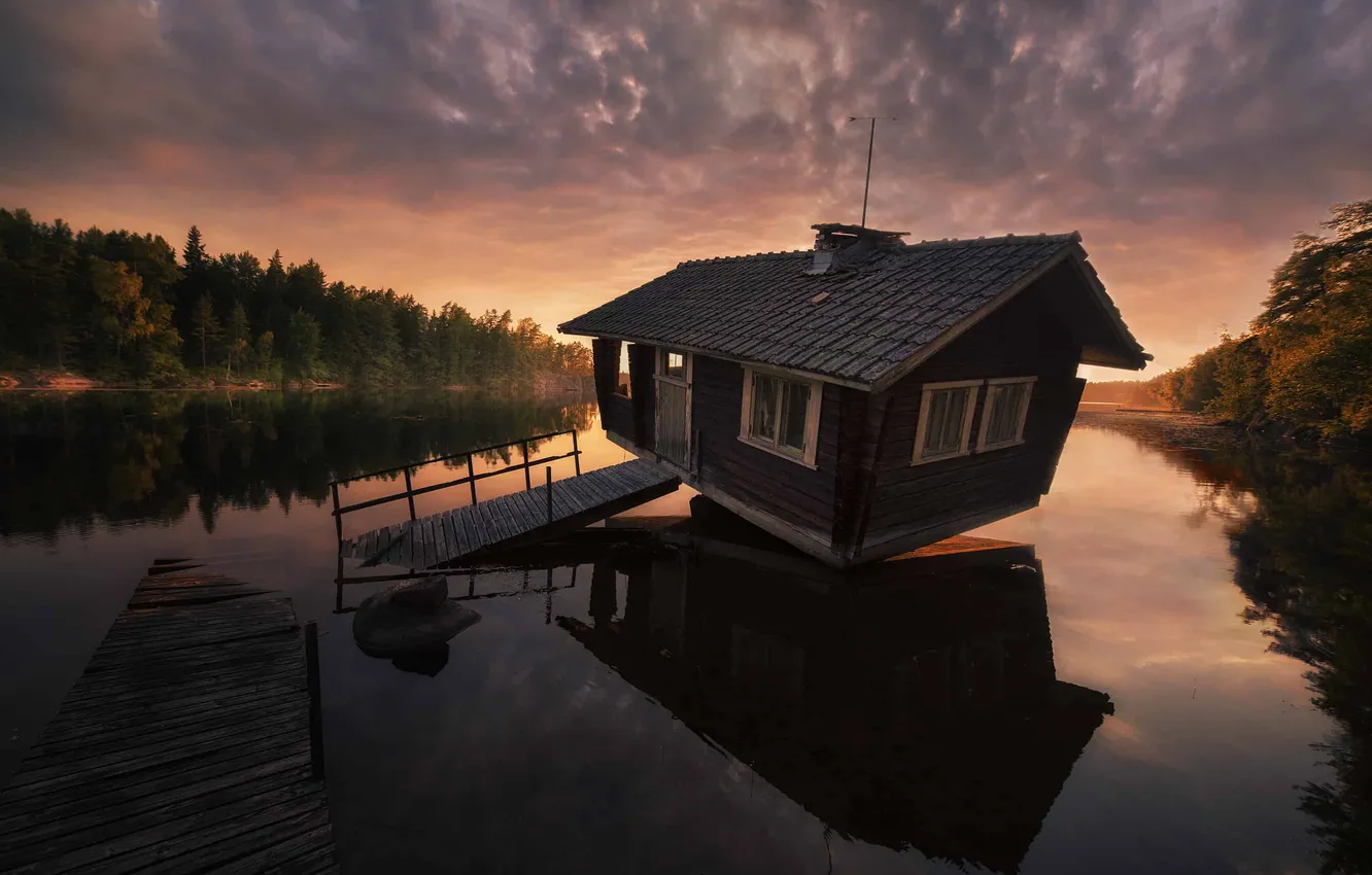 Фото обои озеро, домик, Финляндия