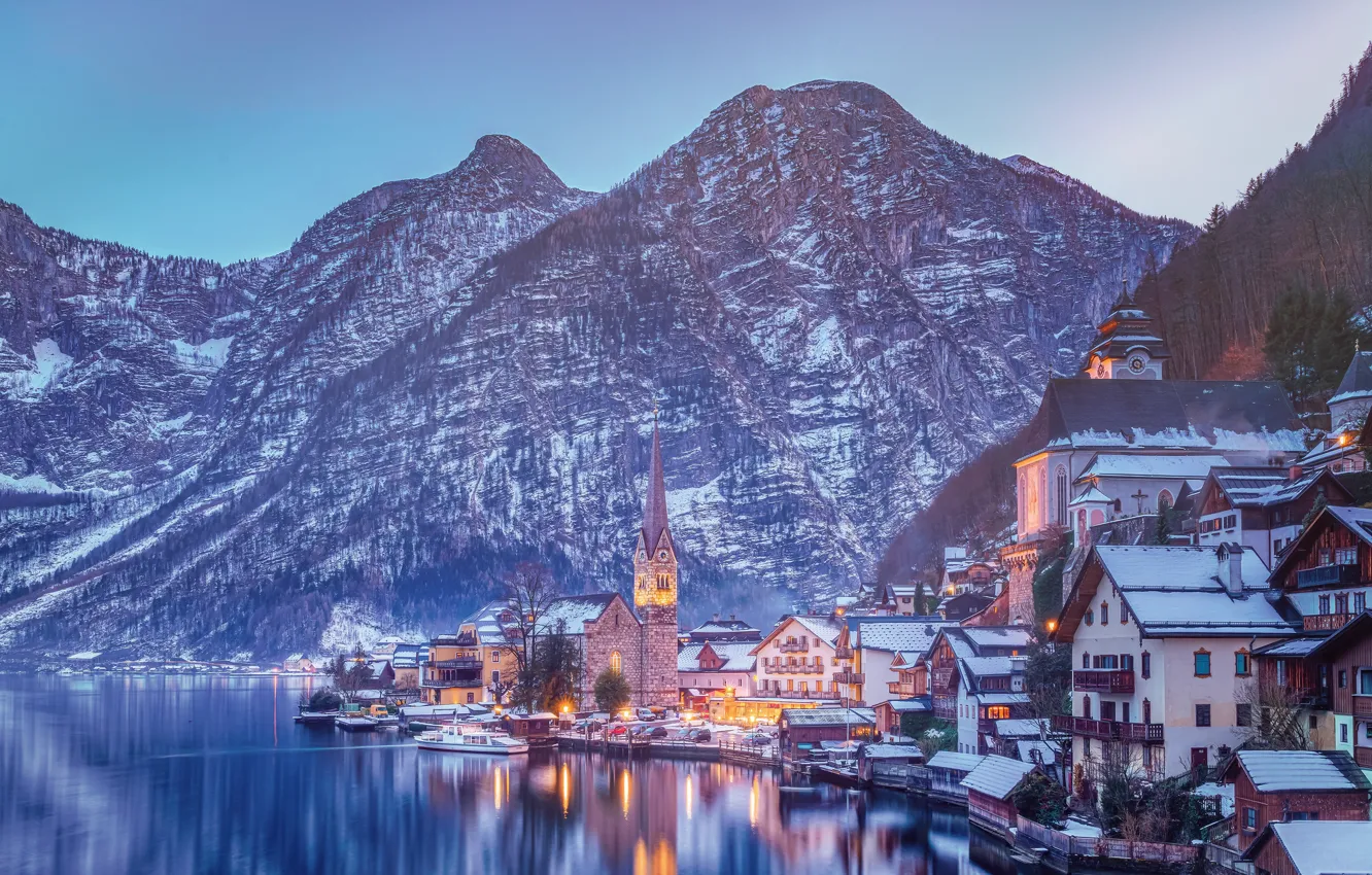 Фото обои зима, горы, озеро, дома, Австрия, Альпы, Austria, Hallstatt