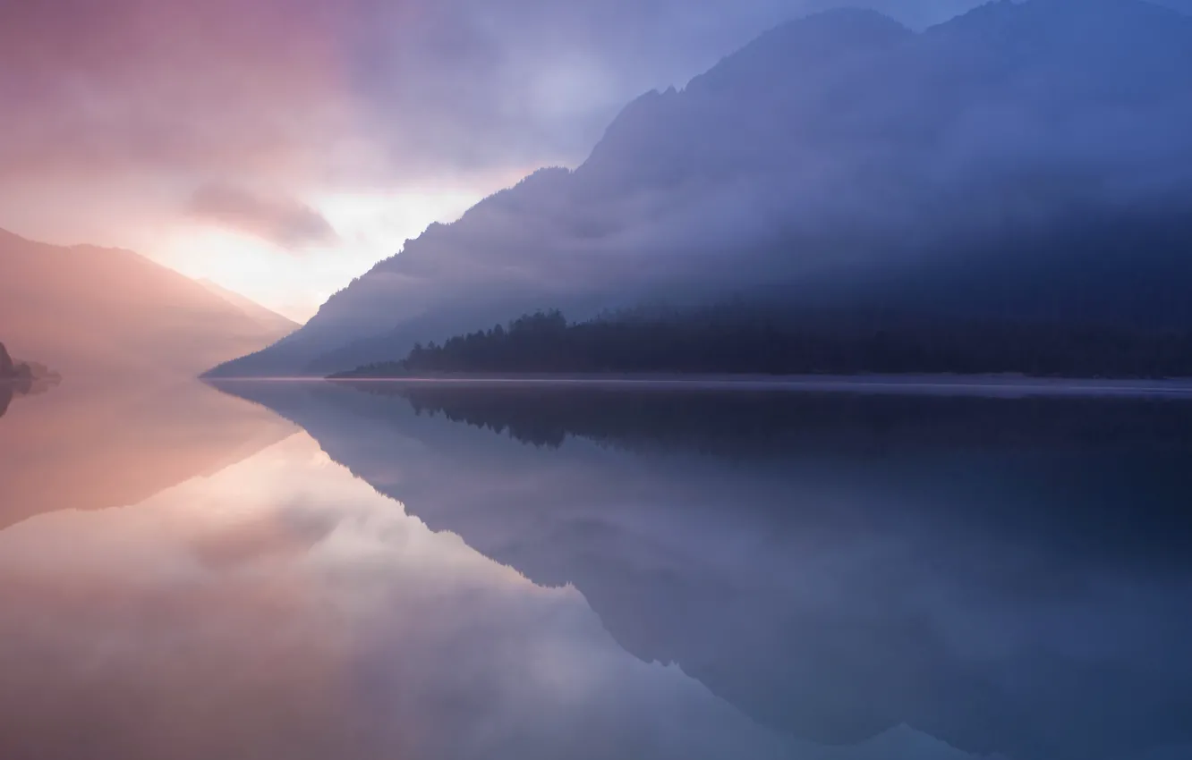 Фото обои lake, fog, reflection, mist