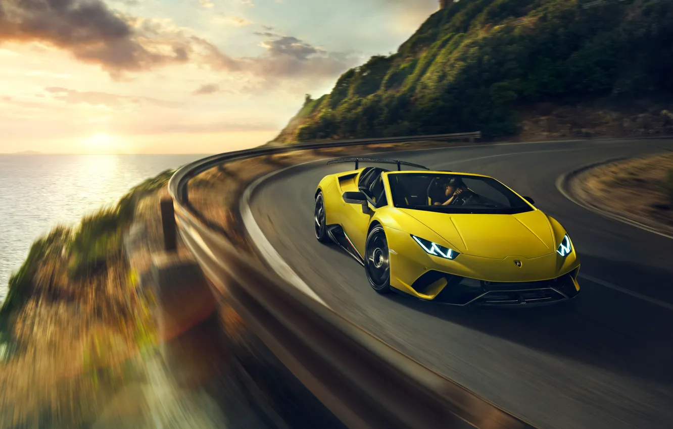 Фото обои закат, скорость, Lamborghini, Spyder, 2018, Performante, Huracan