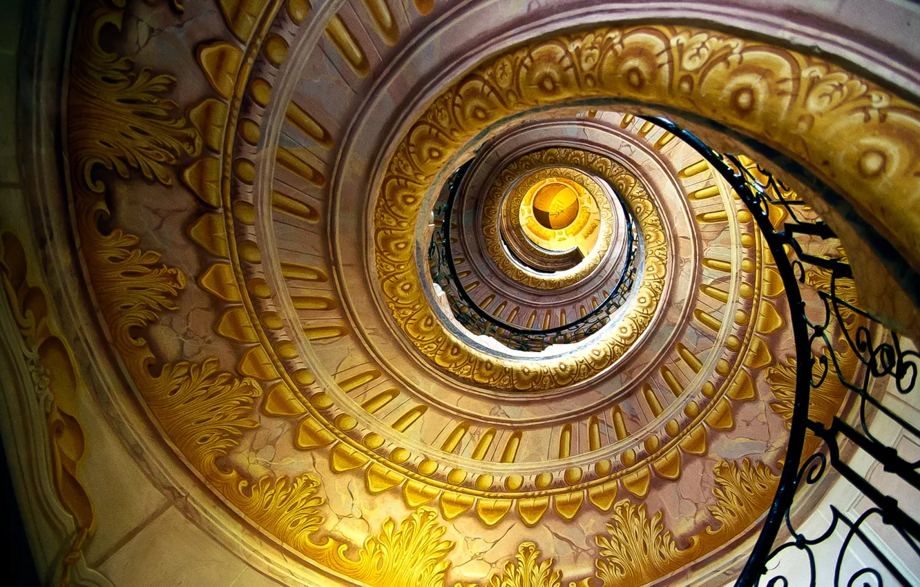 Фото обои узоры, спираль, Лестница, перила, золотой