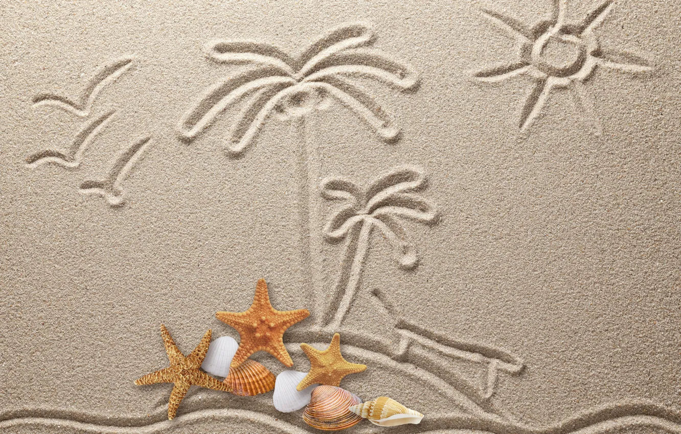 Фото обои песок, рисунок, texture, sand, drawing, starfish, seashells