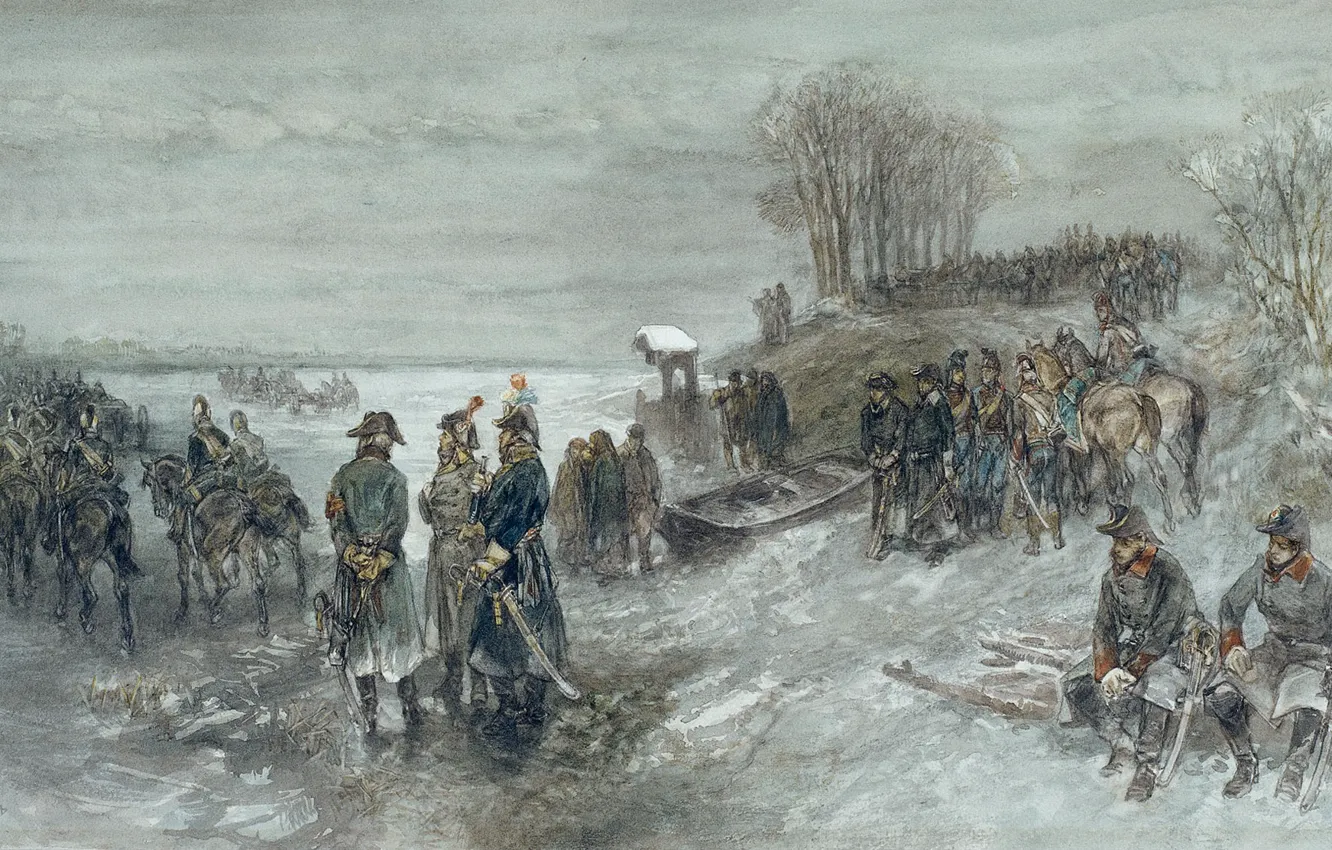 Фото обои рисунок, акварель, жанровая, Шарль Рохуссен, Французские Войска Переходят Замерзшую Реку
