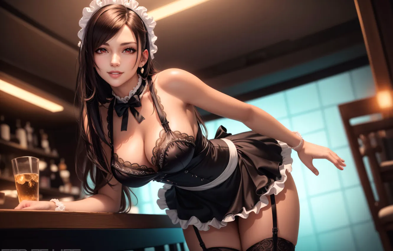 Фото обои cleavage, long hair, red eyes, big boobs, smiling, bent over, Tifa Lockhart, looking at viewer