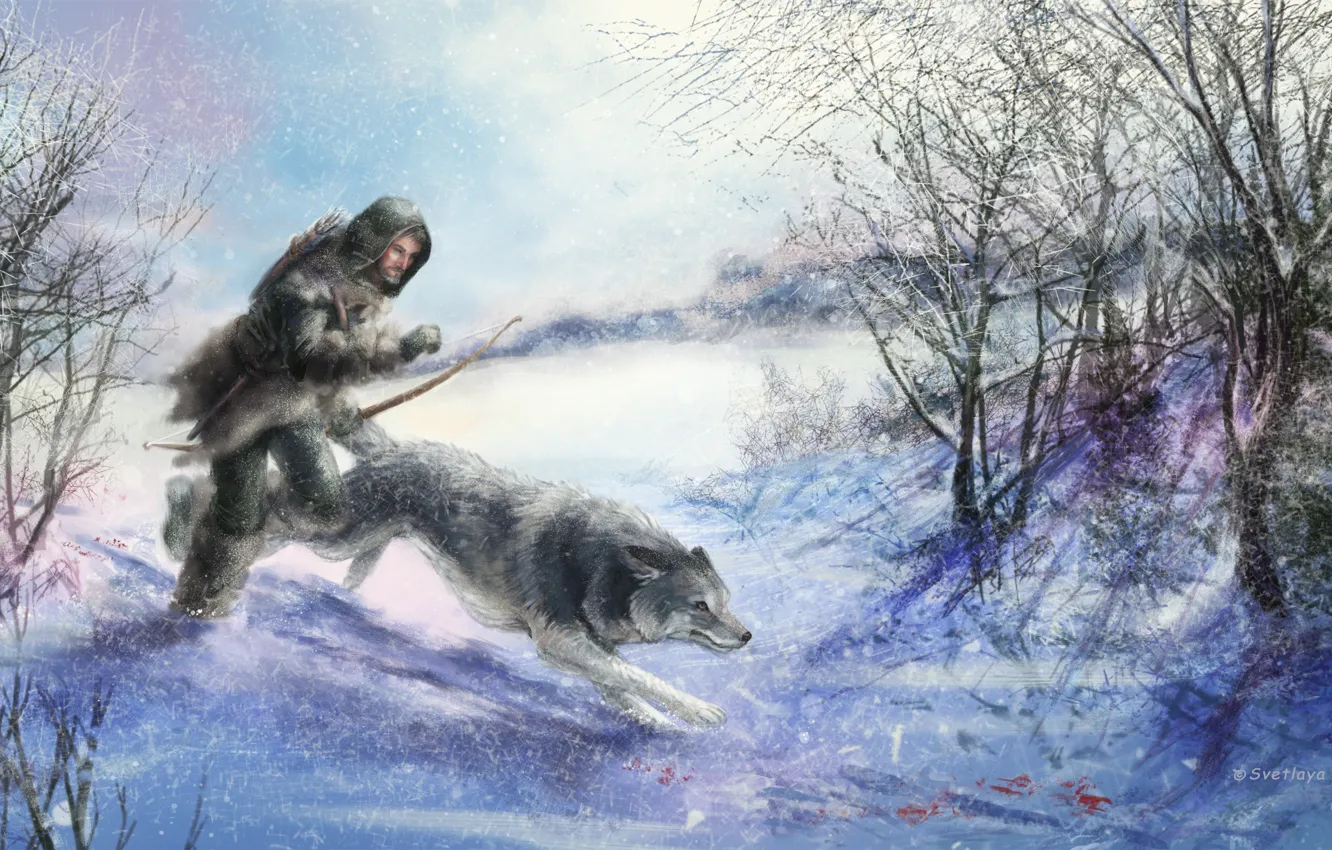 Фото обои животное, волк, арт, охотник, зима. снег. деревья