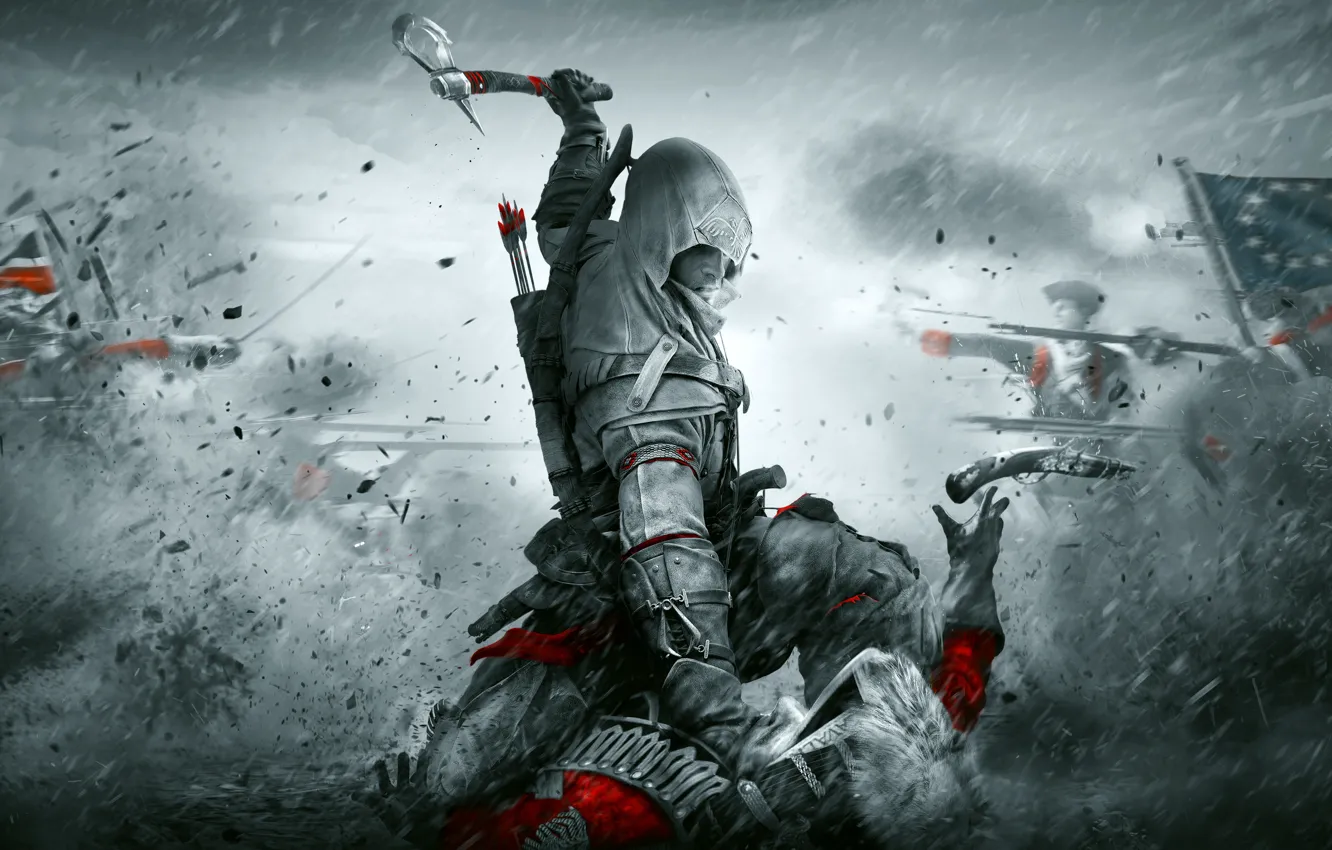 Фото обои оружие, дождь, воины, Assassin's Creed III