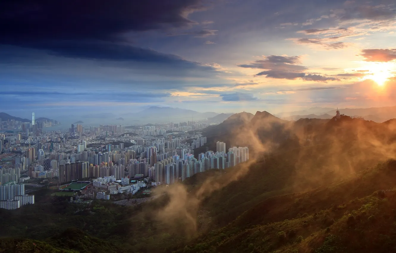 Фото обои рассвет, дома, Гонконг, небоскребы, утро, дымка, полуостров Коулун