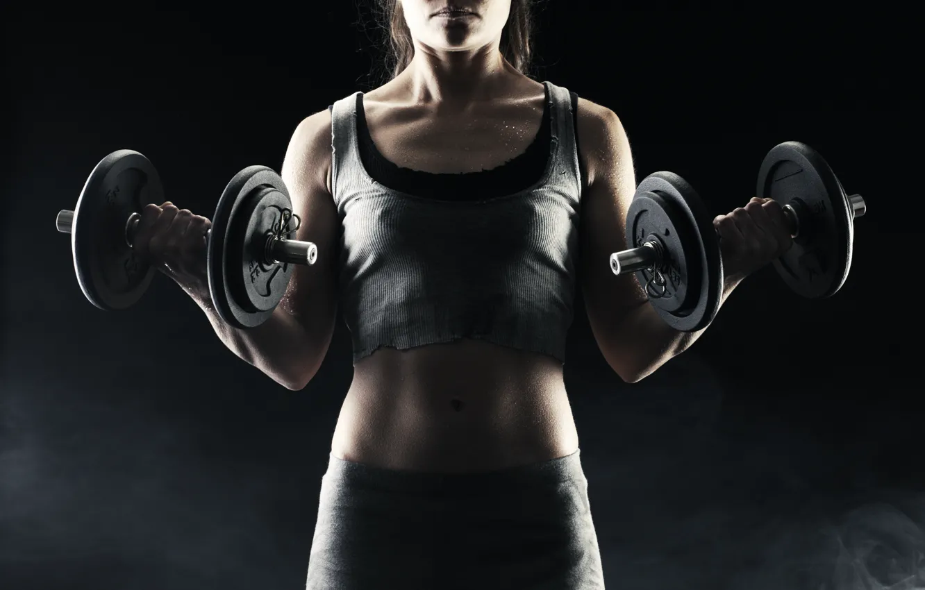 Фото обои woman, fitness, dumbbell, dumbbells, arm strength