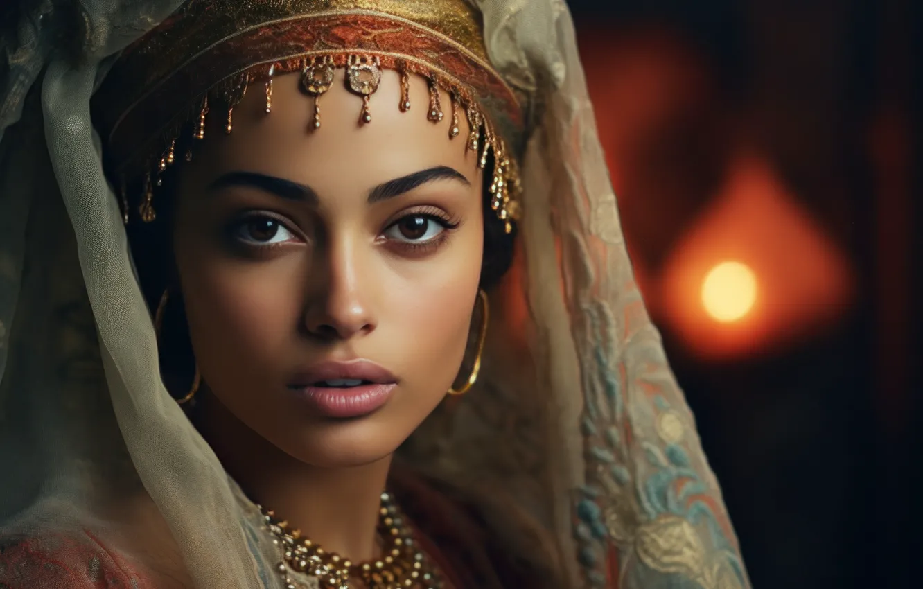 Фото обои взгляд, девушка, лицо, темный фон, портрет, макияж, наряд, смуглая