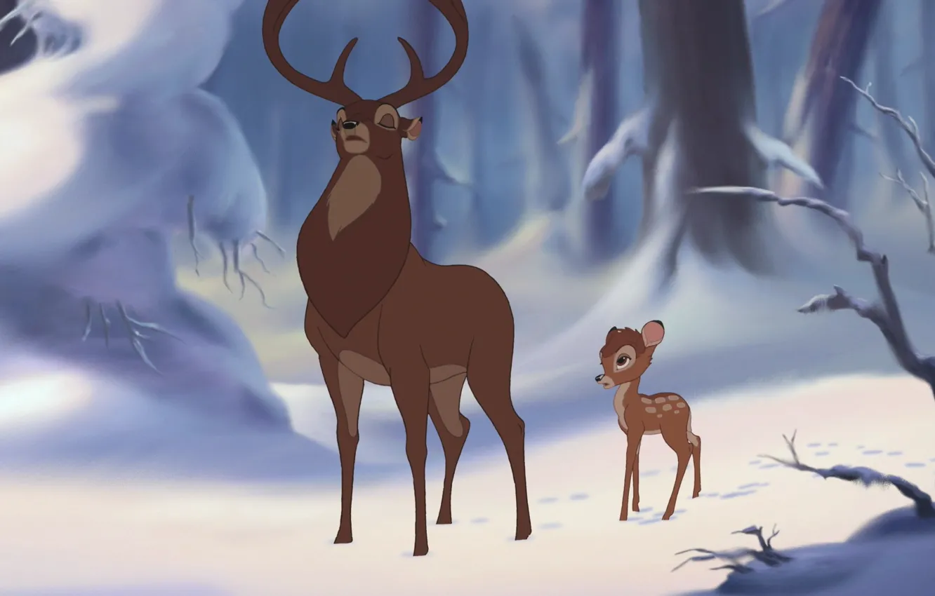 Фото обои зима, лес, снег, мультфильм, Бэмби, олень
