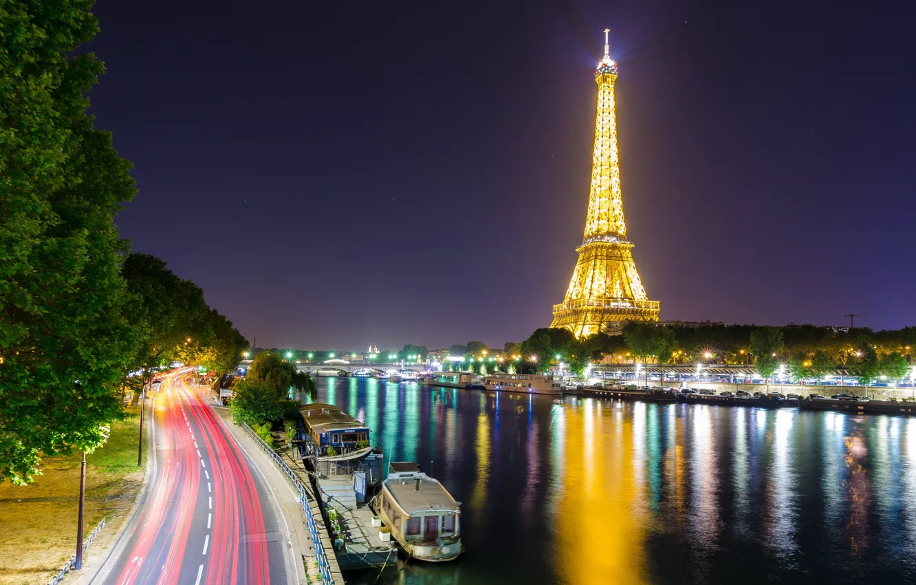 Фото обои огни, река, Франция, Париж, Сена, Эйфелева башня