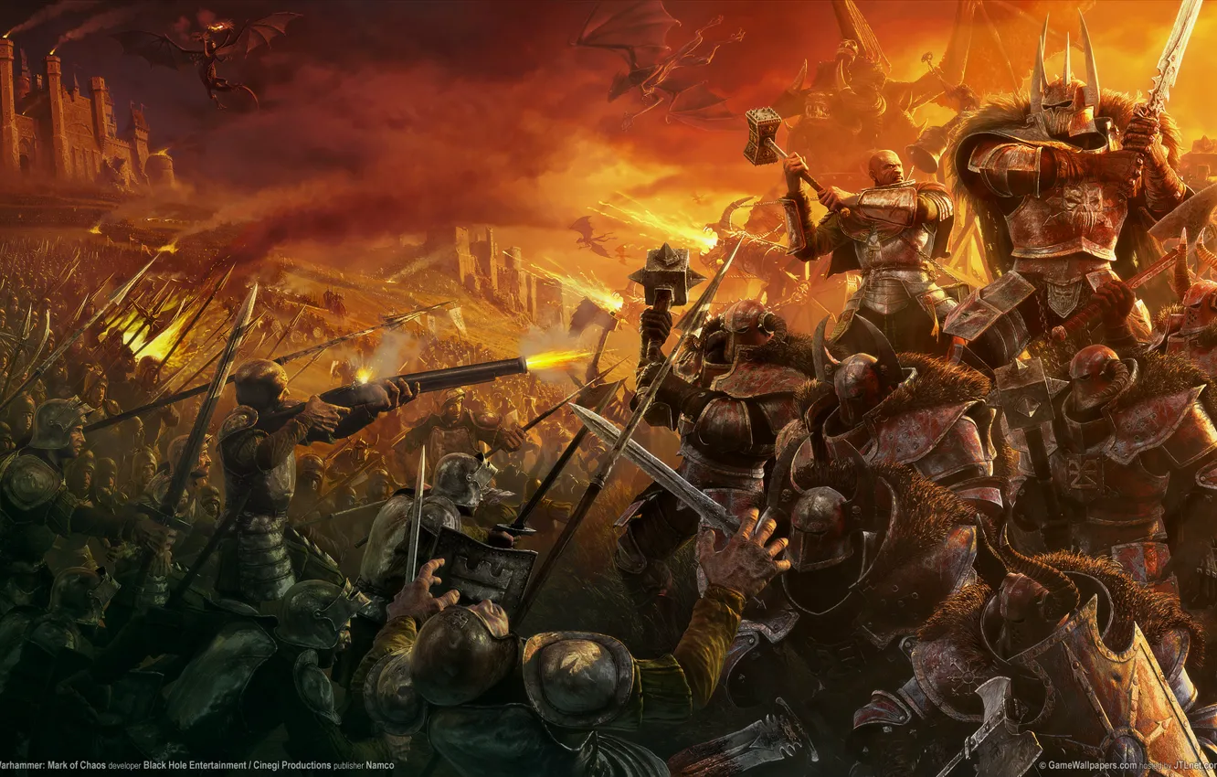 Фото обои битва, герои, WarHammer, mark of chaos драконы