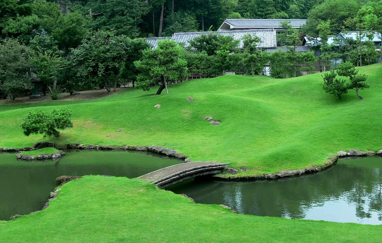 Фото обои мост, ручей, Япония, сад, лужайка