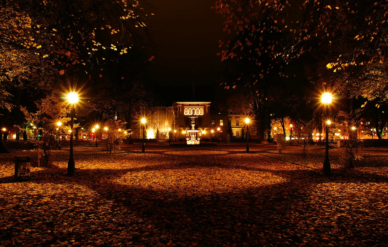 Фото обои Ночь, Осень, Фонари, Парк, Швеция, Fall, Листва, Sweden
