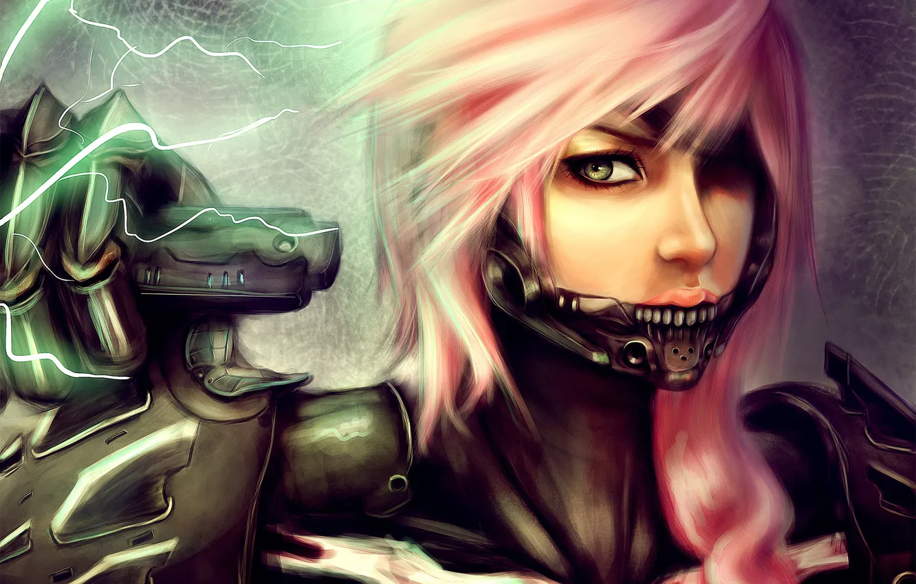 Фото обои девушка, металл, молния, арт, final fantasy, розовые волосы, lightning farron