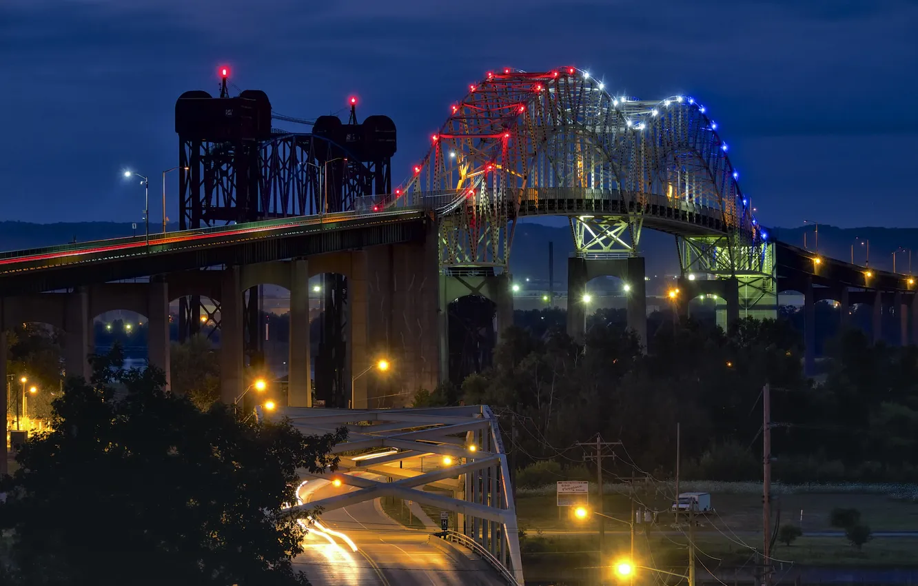 Фото обои ночь, город, огни, Мичиган, Marie International Bridge
