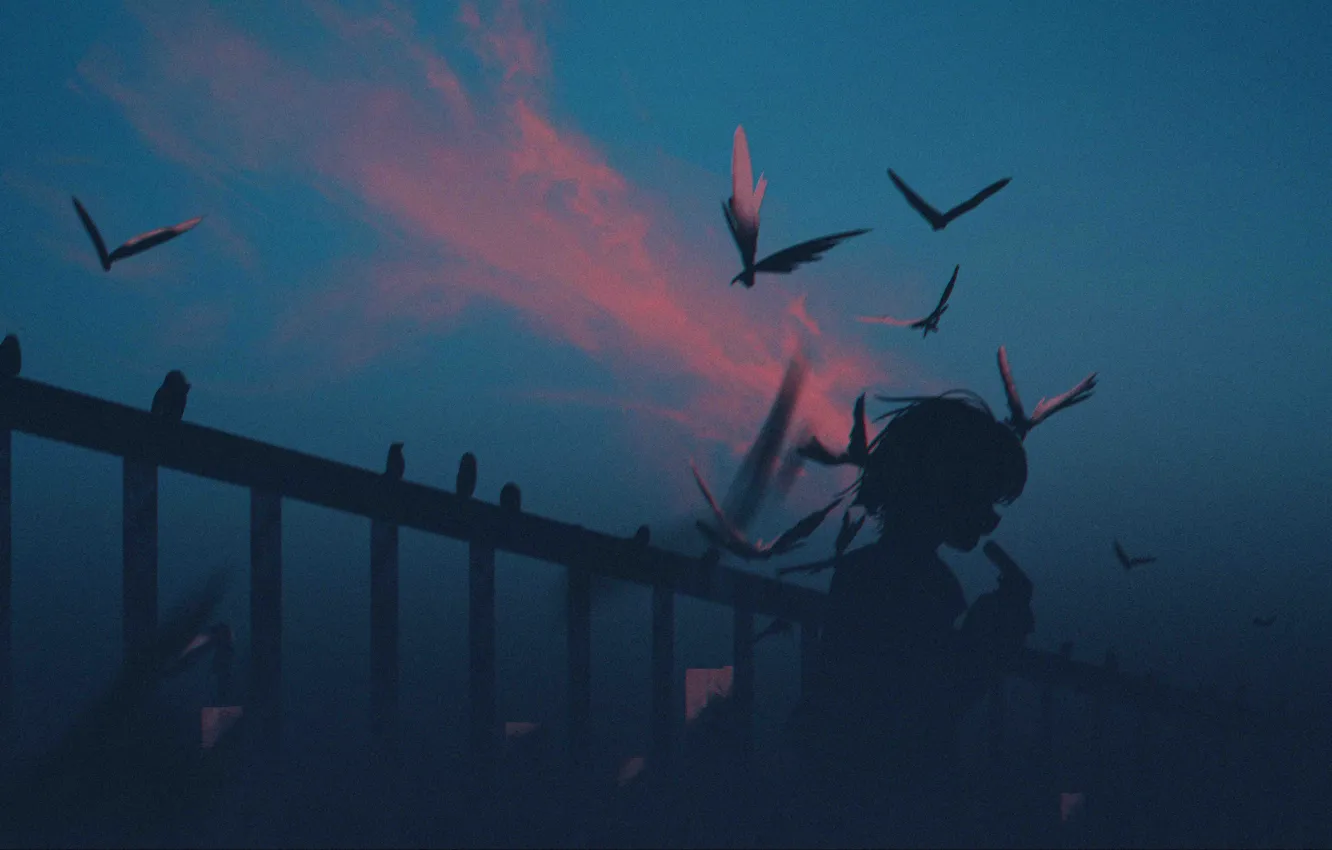 Фото обои небо, девушка, птицы, пистолет, сумерки