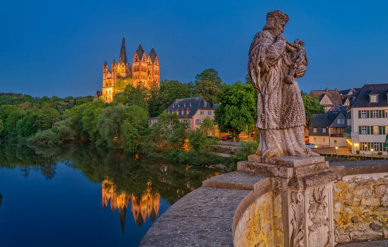 Фото обои мост, отражение, река, дома, Германия, собор, статуя, Germany