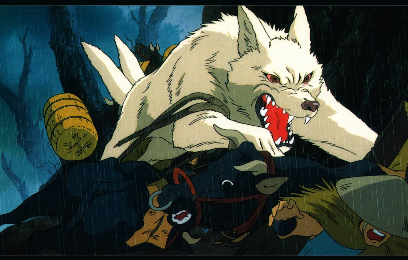 Фото обои хищник, нападение, ужас, красные глаза, ливень, паника, Мононоке, белый волк