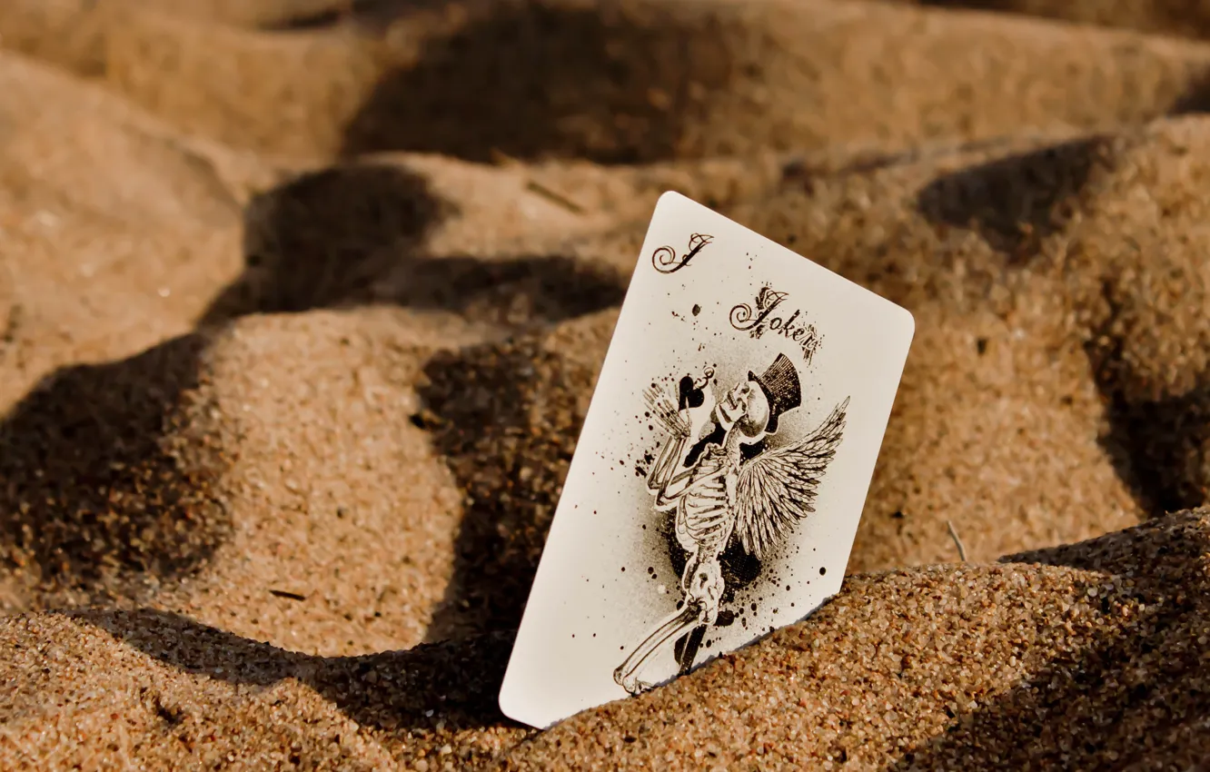 Фото обои песок, макро, джокер, карта, крылья, скелет