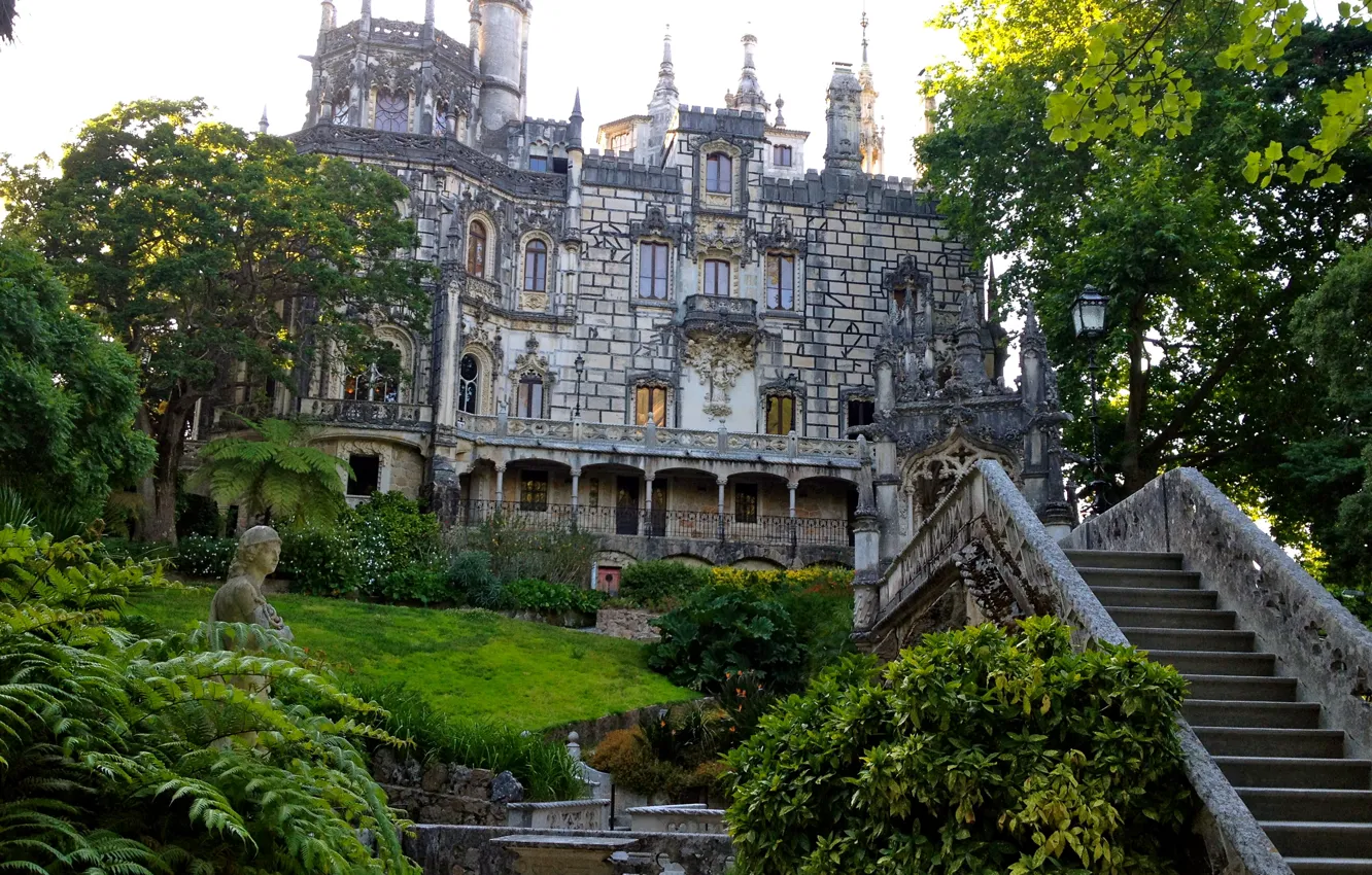 Фото обои трава, деревья, сад, лестница, Португалия, архитектура, кусты, дворец
